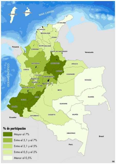 Participación (%) de UPA en el área rural dispersa censada con crédito aprobado En los departamentos de Nariño, Boyacá, Huila, Cauca y Santander se encuentra el 52,3% de las