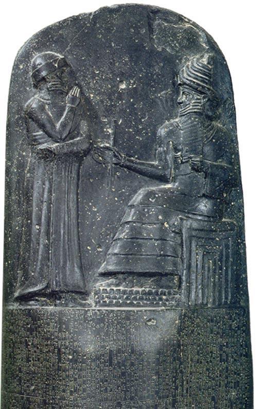 Estela conocida como el Código de Hammurabi (aprox. 1700 a. C.). Primer conjunto de leyes de la historia.
