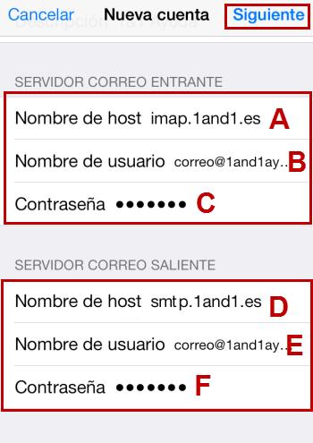 Paso 6 Desplácese hacia abajo e ingrese la siguiente información: Nombre de host del servidor de correo entrante- Ingrese imap.1and1.