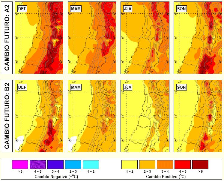 ESCENARIOS TERRITORIALES DE CAMBIO CLIMATICO EN CHILE El cambio de temperatura media del escenario A2 respecto al clima actual sobre Chile
