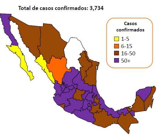 Estados* Casos confirmados por laboratorio Distrito Federal 1529 San Luis Potosí 245 Hidalgo 229 Estado de México 214 Veracruz 169 Querétaro 118