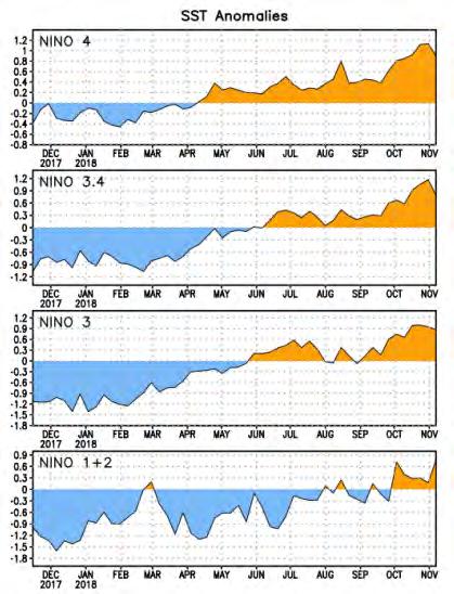 Las Señales del Océano y la Atmósfera El Pacífico Ecuatorial continúa calentándose Anomalías semanales de TSM Evolución de la TSM en la zona del Pacífico Ecuatorial Continúa un