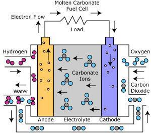 TECNOLOGÍA DE CELDAS DE COMBUSTIBLE Carbonato fundido (MCFC) Componentes Combustible: hidrógeno Oxidante: oxígeno Electrolito: carbonato líquido