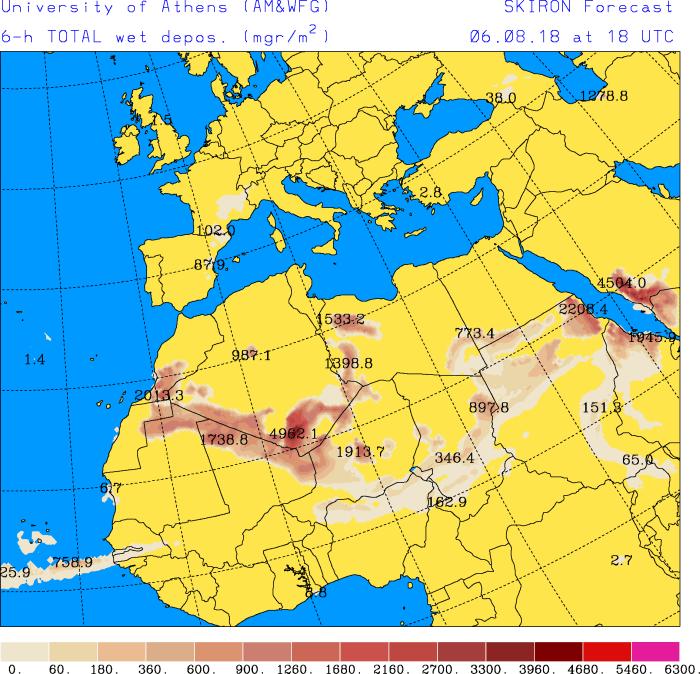 Depósito seco de polvo (mg/m 2 ) predicho por el modelo SKIRON para los días 4, 5 y 6 de agosto de 2018 a las 00 UTC (izquierda) y a las 18 UTC (derecha).