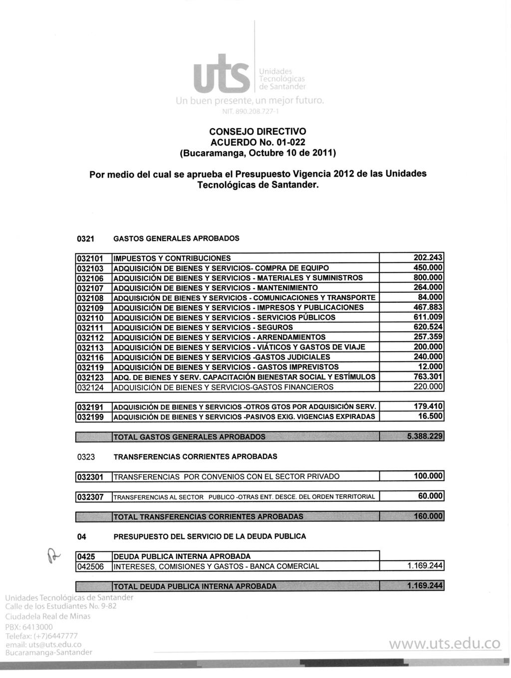 CNSEJ DIRECTIV ACUERD No. 1-22 (Bucaramanga, ctubre 1 de 211) Por medio del cual se aprueba el Presupuesto Vigencia 212 de las Unidades 321 GASTS GENERALES APRBADS 3211 IMPUESTS Y CNTRIBUCINES 22.