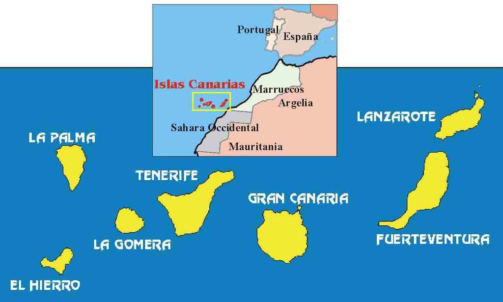 1. Situación y posición El archipiélago de las islas Canarias (7447 km 2 ), situado en el océano Atlántico, a unos 100 km.
