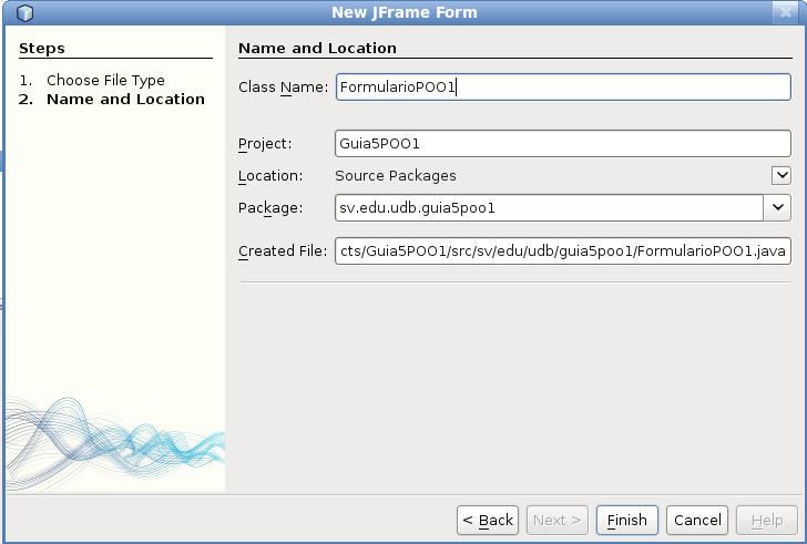 Para crear un contenedor de Jframe: 1. En la ventana Proyectos (Project), haga clic con el botón derecho en el nodo Guia5POO1 y elija Nuevo (New) > Formulario JFrame (JFrame Form...). Class Name: Formulario Package: sv.