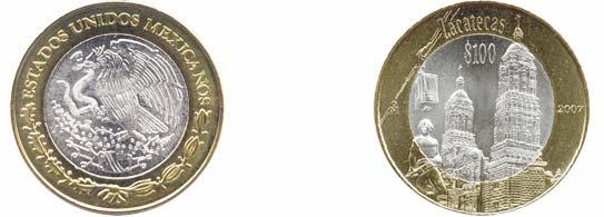 Especificaciones Técnicas: (a) Moneda bimetálica en plata y bronce-aluminio. Valor Facial: cien pesos. Diámetro: 39.0 mm. Canto: estriado discontinuo. Composición: núcleo de plata sterling (ley 0.