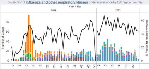 Entre las SE 21-25, para los distintos virus de influenza, predominó influenza A (98,5%) (68,8% de A(H1N1)pdm09 y 31,3% de A(H3N2)) y 1,5% de influenza B.