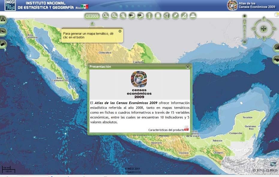Atlas de los Censos Económicos 2009 Es un visualizador desarrollado bajo la plataforma del Mapa Digital de México que permite generar mapas temáticos de la información estadística de los Censos