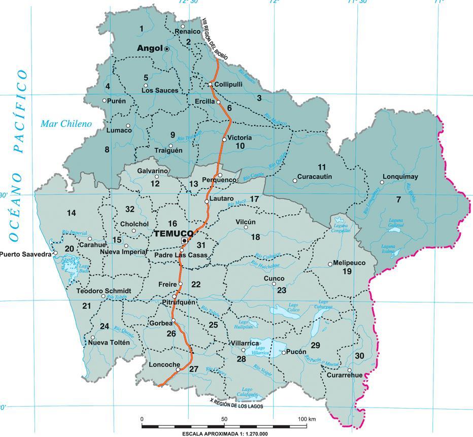 Región de La Araucanía 32 comunas Malleco (11) Cautín (21) Superficie: 31.842,3 Km 2 Población total: 978.402 Densidad: 30,7 hab.