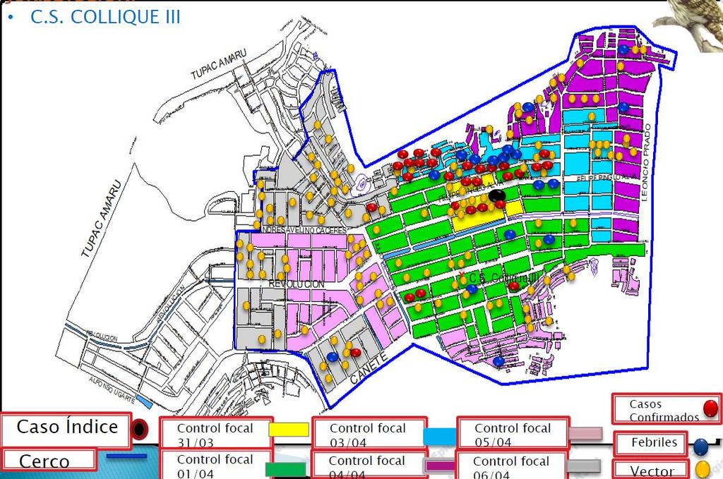 Brote de dengue en el distrito de Comas, provincia de Lima, año 2017 (hasta la SE 14*) Situación actual: Casos notificados: 30 confirmados y 11 probables. Todos sin signos de alarma.