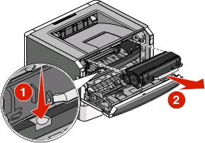 Para sustituir el cartucho de tóner: 1 Abra la puerta frontal pulsando el botón en el lateral izquierdo de la impresora y bajando la puerta.