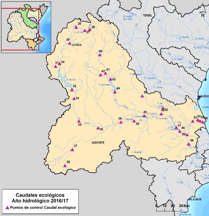 Figura 113. Situación geográfica de las estaciones situadas en el sistema de explotación Júcar para el control y seguimiento del régimen de caudales ecológicos.