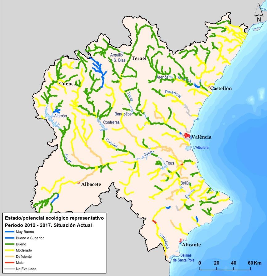 Figura 147. Estado/potencial ecológico representativo del periodo 2012-2017 (situación actual) en ríos naturales y muy modificados o artificiales (excepto embalses).