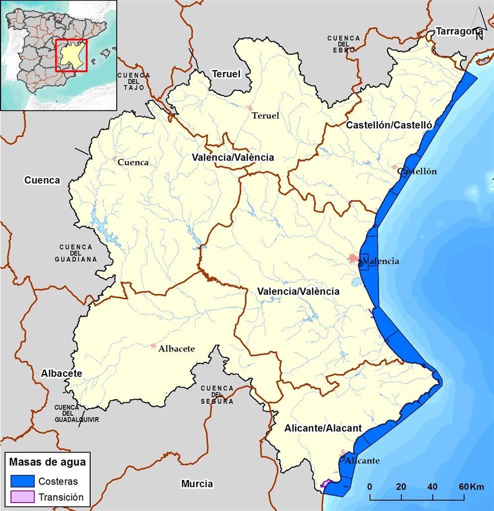 En la Figura siguiente se muestra el ámbito territorial de la Demarcación Hidrográfica del Júcar, que incluye las aguas de transición y las costeras asociadas. Figura 1.