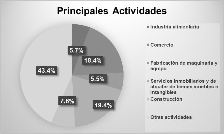 Entre las principales actividades se encuentran: servicios inmobiliarios y de alquiler de bienes muebles e intangibles (19.4%); comercio (18.4%); construcción (7.6%); industria alimentaria (5.