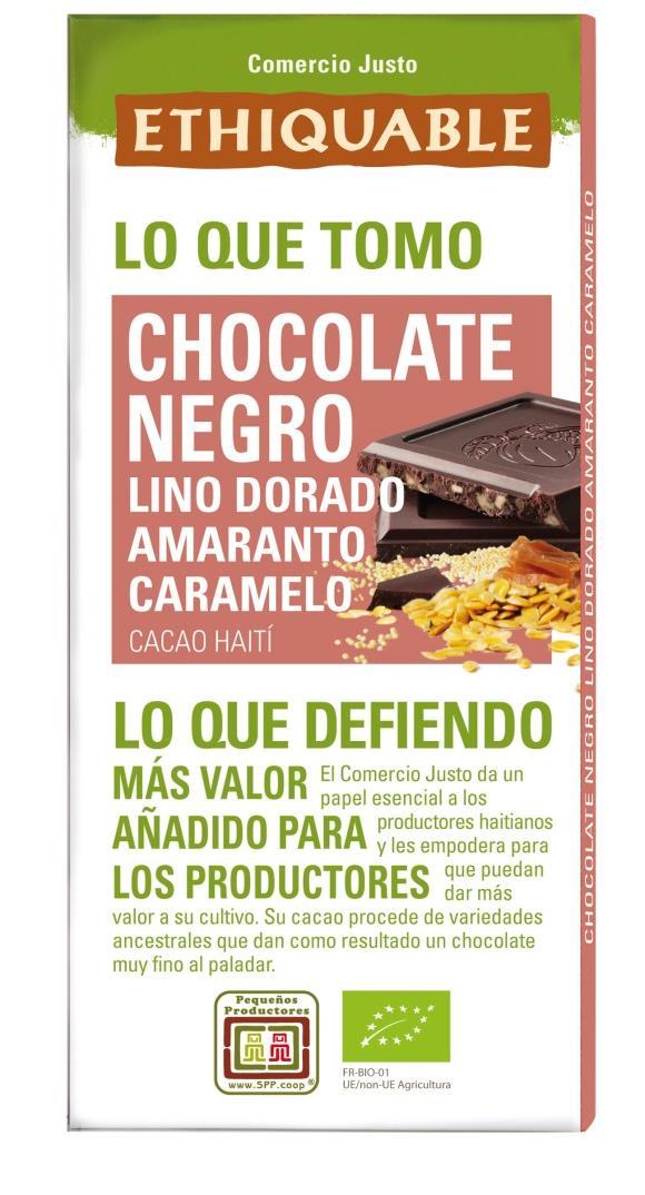 Ref. 95950132 Chocolate Negro Lino, Amaranto y Caramelo BIO 100 g Información General del producto Descripción : Exquisito y sabroso Chocolate negro 72% de cacao con lino dorado, amaranto y caramelo.