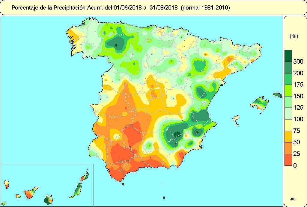 Por el contrario, las precipitaciones no alcanzaron ni el 75% de los valores normales en el cuadrante suroeste peninsular, norte de Tarragona y sur de Lleida, al suroeste de A Coruña, provincia de