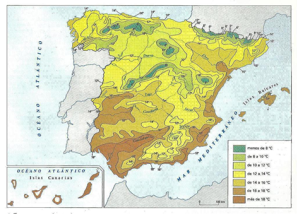 4. A continuación se reproduce un mapa de España de temperaturas medias anuales.