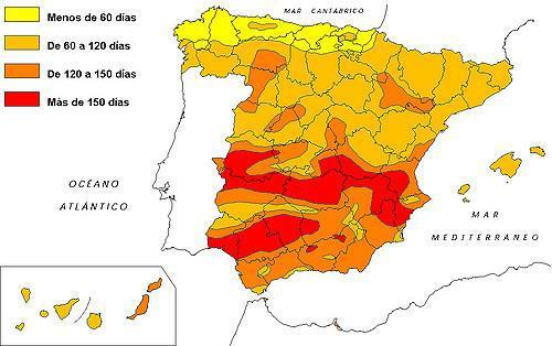 6. El mapa muestra la insolación peninsular e insular en España.