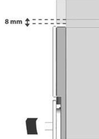 Nota: Si el mueble tiene puertas en la parte superior, traslape la puerta con la tabla horizontal solo 8 mm para evitar problemas de empotre con el horno. c. Dimensiones de mueble bajo cubierta para empotre.
