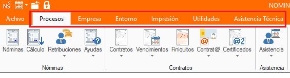 En NominaSOL, inicialmente, existen las siguientes solapas: Procesos, Empresa, Entorno, Impresión, Utilidades y solapa
