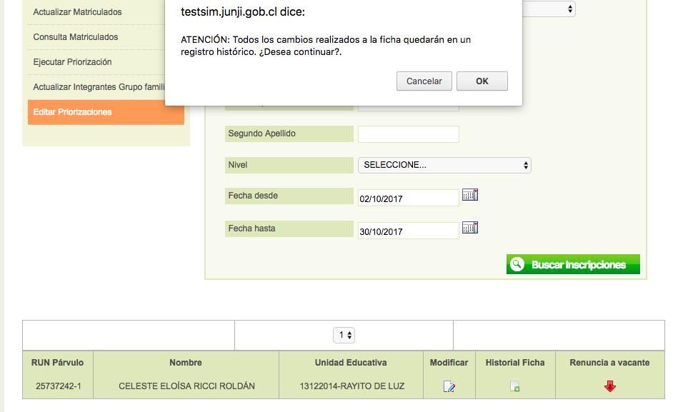 Si el usuario presiona la opción Modificar se despliega en pantalla un mensaje indicando que se generará un registro
