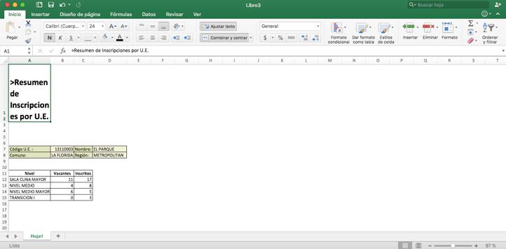 El resultado de la consulta, puede ser exportado a archivo Excel, presionando el botón Excel, en pantalla se abrirá una planilla con la información. 11.3.