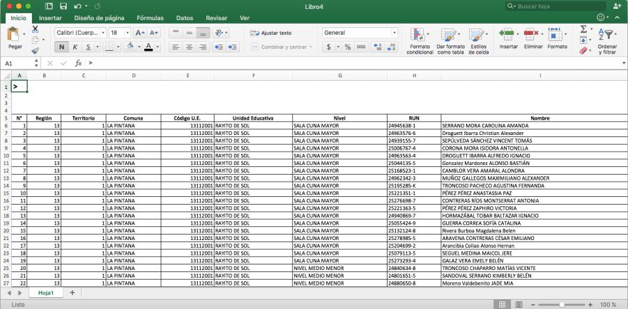 El resultado de la consulta, puede ser exportado a archivo Excel, presionando el botón Excel, en pantalla se abrirá una planilla con la información. 11.6.
