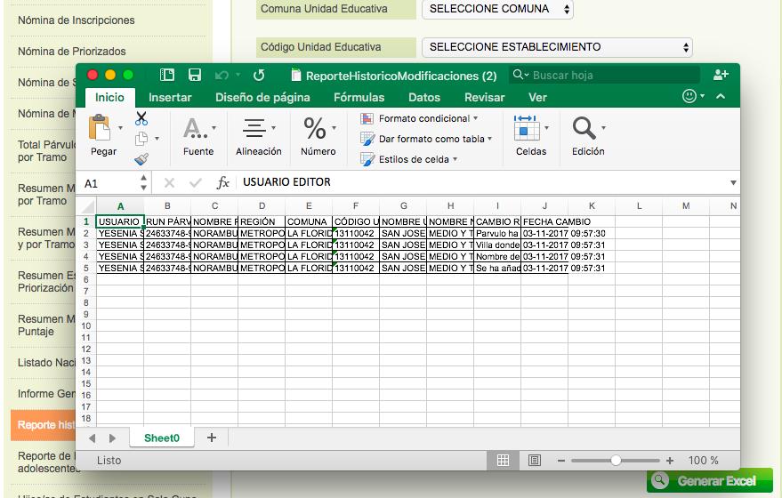 Ingresando los datos obligatorios que corresponden a las fechas y presionando el botón Generar Excel se