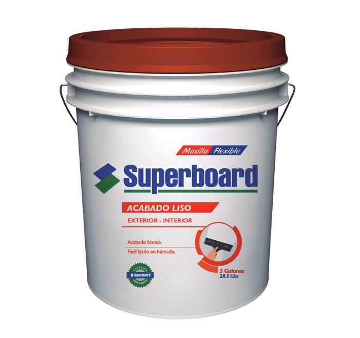 MASILLA SUPERBOARD Ventajas Garantía de Skinco sobre el uso integral del sistema Superboard (*) Acabado blanco. Fácil aplicación. Fácil lijado en húmedo.