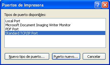 WINDOWS 27 5 Windows XP/Server 2003: Seleccione Standard TCP/IP Port en Tipos de puerto disponibles y haga clic en Puerto nuevo.