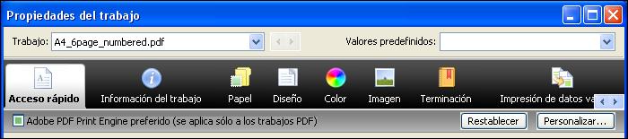 Impresión de varios archivos con APPE Si abre Propiedades del trabajo para archivos de diferentes tipos, la opción Adobe PDF Print Engine preferido sólo aparece si uno de los archivos seleccionados