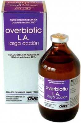 Overbiotic L.A (oxitetraciclina 20%) Solución estable y estéril de oxitetraciclina base al 20º/o en excipiente de liberación lenta lista para usar. Posee amplio espectro antimicrobiano.