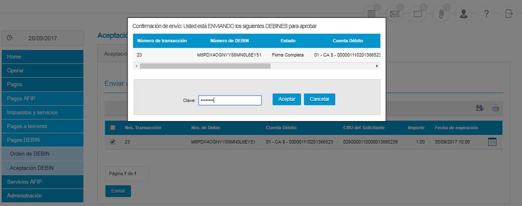 El sistema solicita al usuario la confirmación del envío: Enviar Aceptación de Debin 41 El usuario Enviador