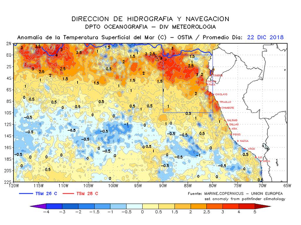 5 C, con valores mayores de +1 C al norte de los 06 Sur. Por otro lado, frentes a la costa de Perú continua condiciones cálidas, en el norte con anomalías hasta +2.