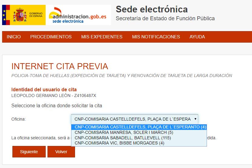 Now you have to tick the first option: Solicitar cita (Ask for an appointment). If later you would like to check the appointment you already have or to cancel it, you should use the other buttons.