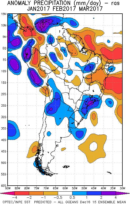 Fig. 10: Pronóstico de las anomalías de la precipitación (mm/día) método ras para el trimestre EFM del 2017 en América del Sur, con datos observados del mes de diciembre. Fuente: CPTEC/INPE. VI.