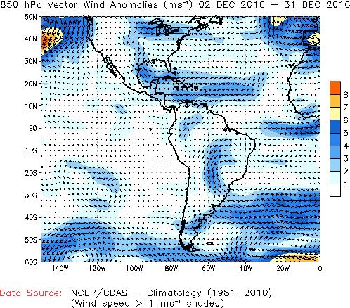 b) Anomalías de la Circulación Atmosférica Al este de la cuenca Amazónica se observó intensificación de los vientos Alisios, así como una intensificación de los vientos del Atlántico tropical Norte