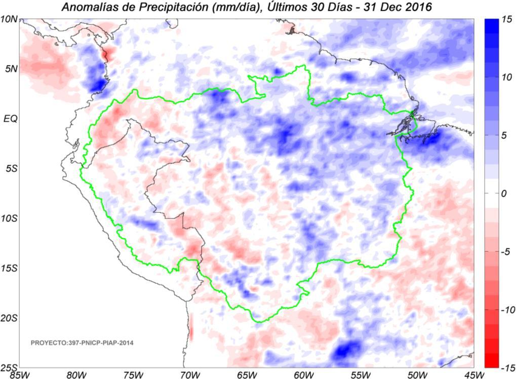 Fig. 4: Anomalías de precipitación estimadas por el TRMM-RT en mm/día hasta 31 de diciembre de 2016. Las anomalías fueron calculadas con respecto al periodo base promedio 2000-2015.