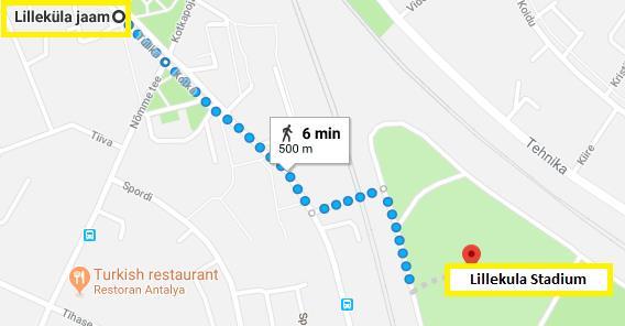 Mapa debajo del camino desde la parada de Lilleküla Jaam hasta el estadio. Viajar en taxi: el trayecto dura 15 minutos aproximadamente, dependiendo del tráfico.
