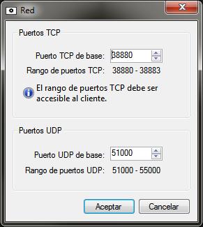 Configuración Figura B. Cuadro de diálogo Red o o Los rangos de puerto UDP y TCP usados por el software Server se actualizan cuando cambia el puerto de base.