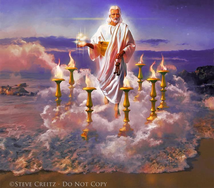 vio a Jesús andando entre siete candeleros, que simbolizan a las siete iglesias (1:20).
