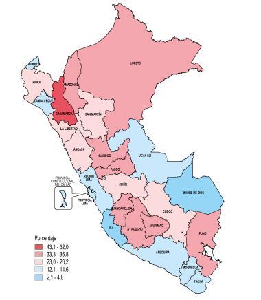 Grupos de departamentos con niveles de pobreza monetaria total Niveles de pobreza y departamentos: 1ernivel (43,1% y 52%): Cajamarca 2do nivel (33,3% y 36,8%): Amazonas, Apurímac, Ayacucho,