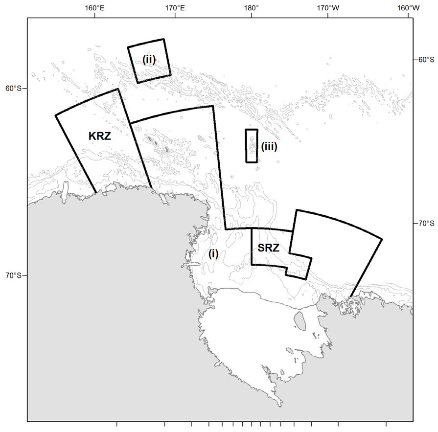 Figura 1: El AMP de la región del mar de Ross, incluidos los límites de la Zona de Protección General, compuesta por las áreas (i), ( y