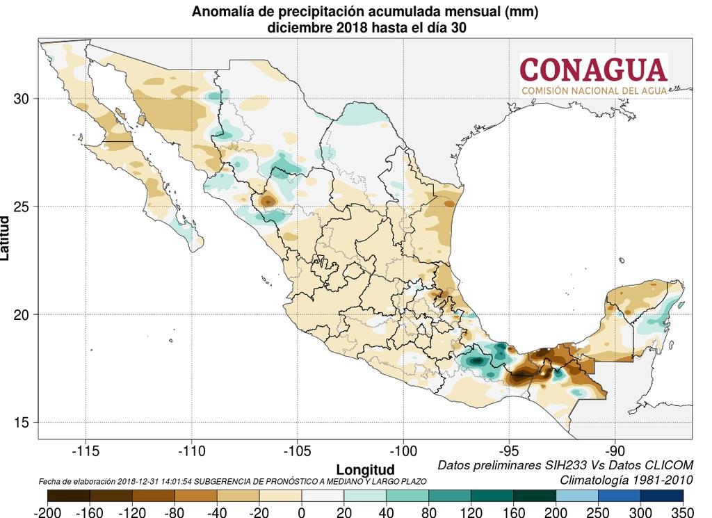 Precipitación y su anomalía registrada acumulada en lo que va del año 2018 en mm Temperaturas: análisis y pronóstico (mapas de modelos numéricos) (por localidad). T.Máx. en C: 38.
