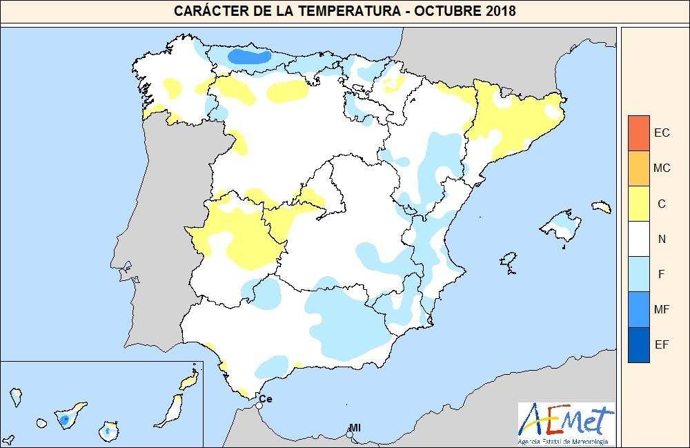 METEOROLOGÍA Y CLIMATOLOGÍA Temperatura El mes de octubre ha presentado en conjunto un carácter normal, con una temperatura media sobre España de 16,0º C, valor que queda 0,1º C por encima de la