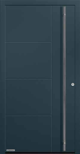 en 7 colores Modelo 862 en color de promoción Hörmann CH 703, estructura fina, con fijos laterales y acristalamiento superior, y puerta seccional de garaje con acanalado M en Silkgrain CH 703