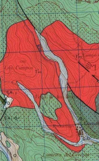 Fig. 3: Mapa geológico. En tono rojo, el afloramiento del batolito granítico.